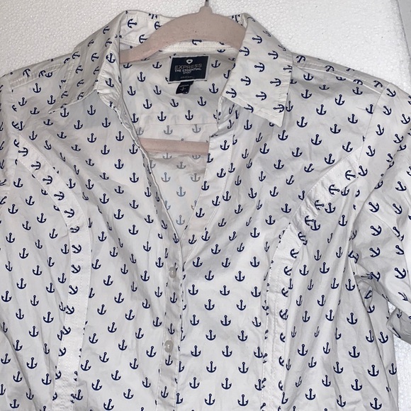 Express The Essential Shirt button down long sleeve white blue anchors S P - Picture 2 of 7